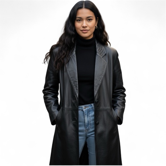 Vintage Jackets & Blazers - Vintage 70s 80s Charles Klein Black Leather Trench Coat Size Medium